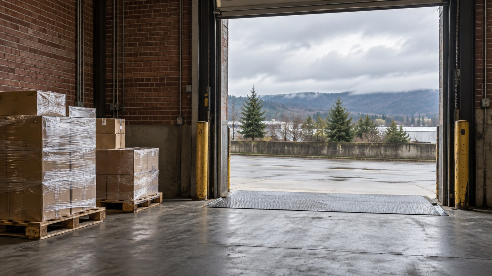 Illustrative cargo staged beside an open Oregon loading bay