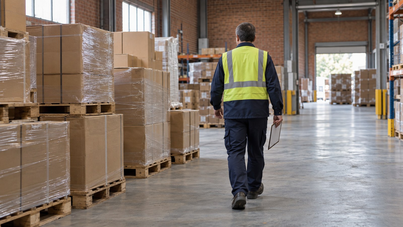 Illustrative warehouse worker walking beside staged cartons with a clipboard